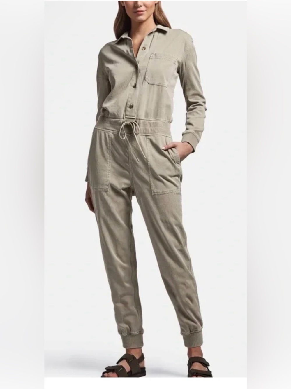 James Perse Light Sage/Tan Button-Front Drawstring Jumpsuit